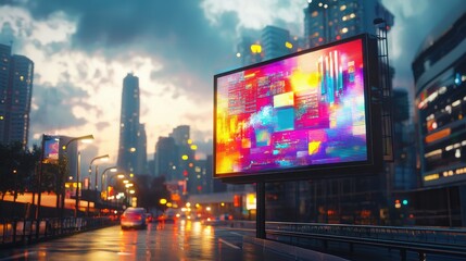 Fototapeta premium A colorful digital billboard showcasing vibrant graphics and animations related to emerging technologies, set against a modern city skyline at dusk.