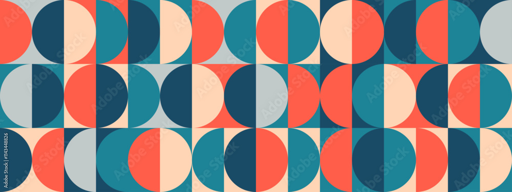 Poster bright semi circle seamless pattern. abstract geometric mid century background. colorful swiss moder