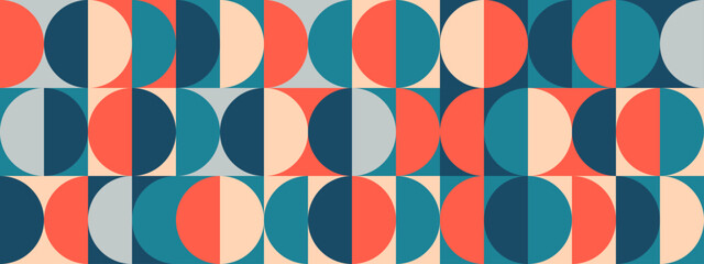 Bright semi circle seamless pattern. Abstract geometric mid century background. Colorful Swiss modernist or postmodernist style wallpaper. Vector modular repeating overlay. Colorful mural backdrop