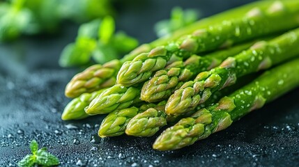 Fresh Green Asparagus Spears on Dark Surface