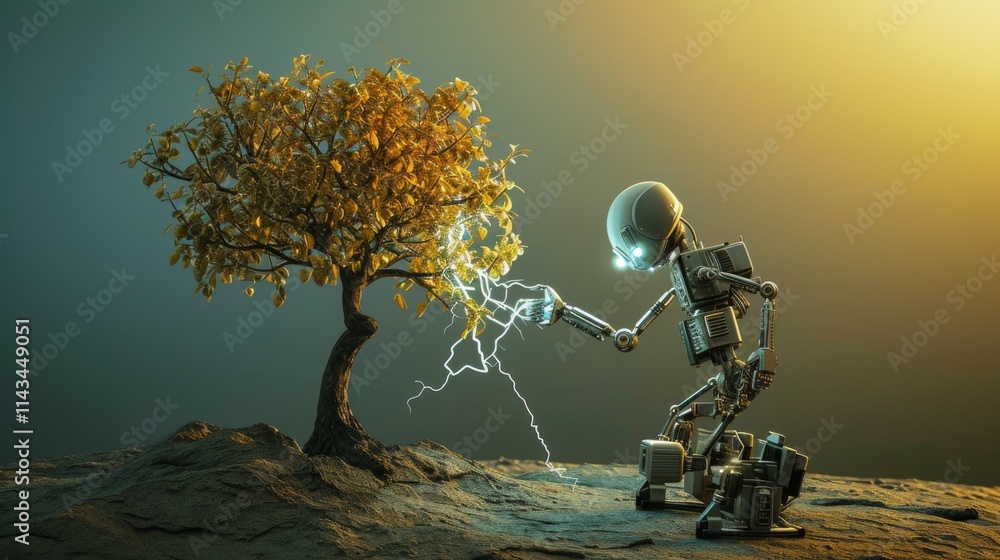 Poster a metallic robot interacts with a golden-leafed tree, emitting energy sparks in a surreal scene. the