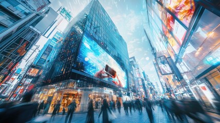 Obraz premium A dynamic digital billboard highlighting the benefits of virtual reality, set in a modern shopping district bustling with shoppers and bright city lights.