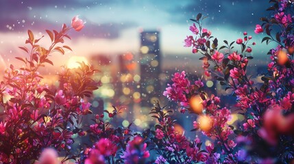 An urban skyline interweaves with vibrant floral elements, illustrating passion and growth, in a striking blend of bright colors and dynamic shapes.