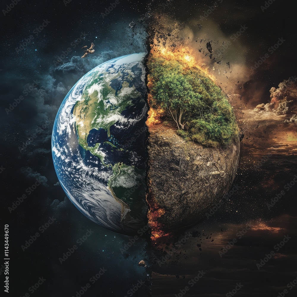 Poster a split globe with a tree on one side and a fire on the other