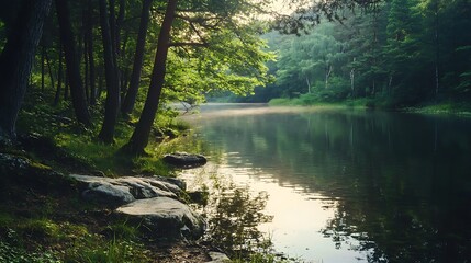 Fototapeta premium Serene Forest Riverbank at Dawn. Tranquil Nature Scene.