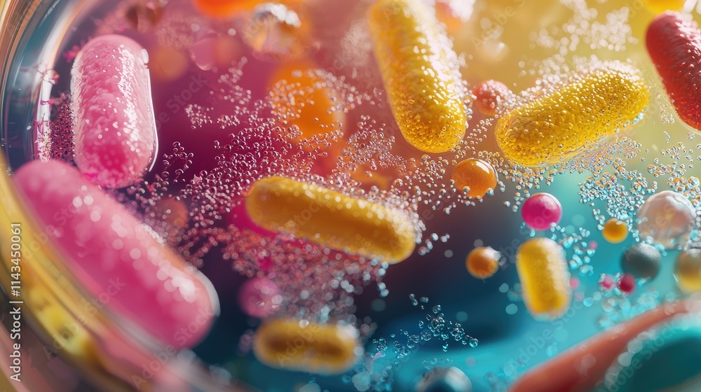 Poster a close-up image depicting a colorful petri dish filled with various types of bacteria, showcasing t