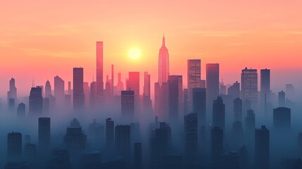 Obraz premium A city skyline at sunset, shrouded in mist, highlighting urban architecture and beauty.