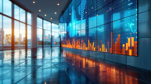 Large wall of monitors with a city skyline and a large orange bar chart
