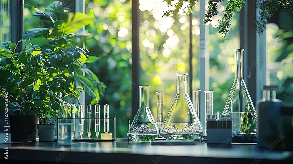 Poster a serene laboratory setting with glassware and petri dishes, where microorganisms are being studied,