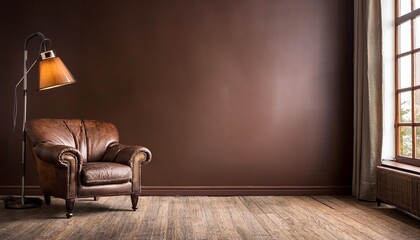 Empty Dark Brown Wall Mockup in Rustic Interior with Leather Armchair and a Vintage Floor Lamp. Natural Daylight From a Window. Promotion Background.
