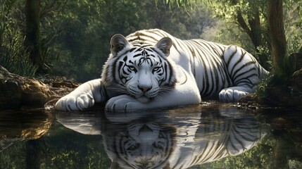 Majestic White Tiger Resting Near Tranquil Water