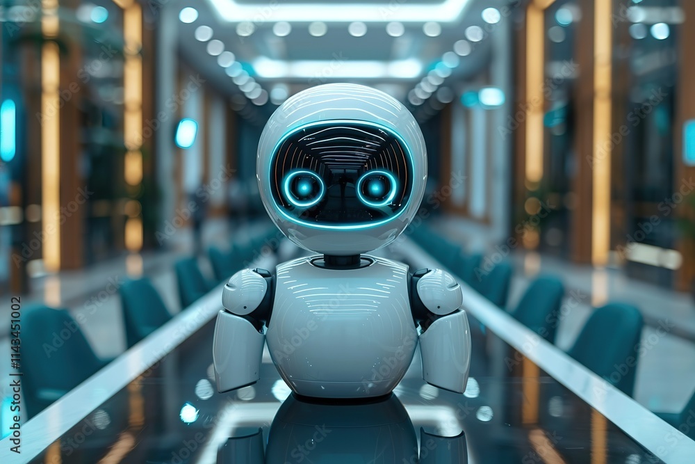 Poster robot is standing in front of a table with chairs