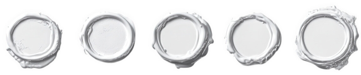 five circular white paint splatter shapes isolated on a transparent background