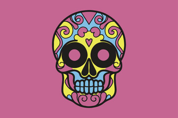 Colorful sugar skull, Day of the Dead artwork, vibrant floral patterns, swirling designs.
