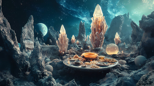 Crystal cuisine aliens enjoy a meal of crystalline structures th. Mystique. Illustration