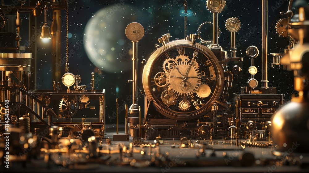 Poster a vintage laboratory filled with mechanical devices and gears, including a large clock mechanism, il