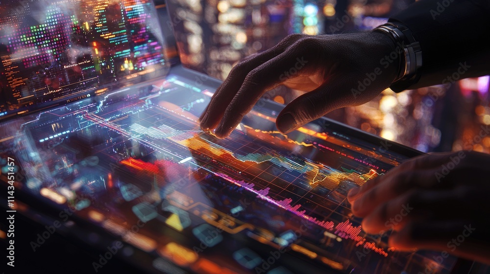 Fototapete a close-up of a financial analyst s hands plotting trends on a transparent touchscreen, with colorfu