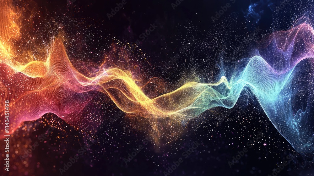 Poster an abstract art piece illustrating the concept of superposition, with colorful waves intersecting in