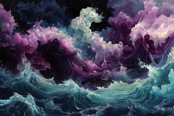 Abstract Painting of Powerful Ocean Waves in Deep Teal, Purple, and White Hues.