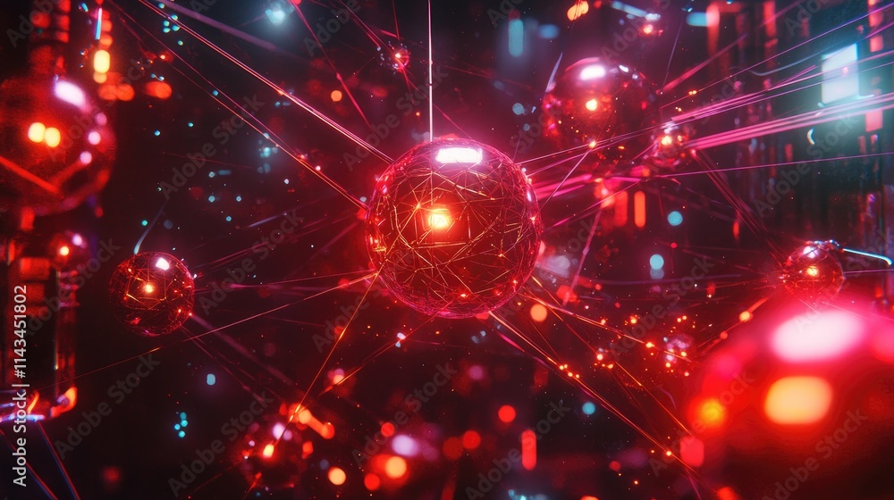Poster a detailed depiction of entangled particles represented by glowing orbs connected by vibrant beams o