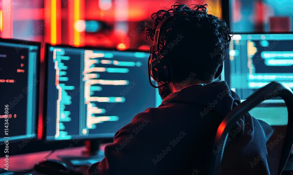 Poster person coding at workstation in dark, neon-lit room, focusing on multiple monitors