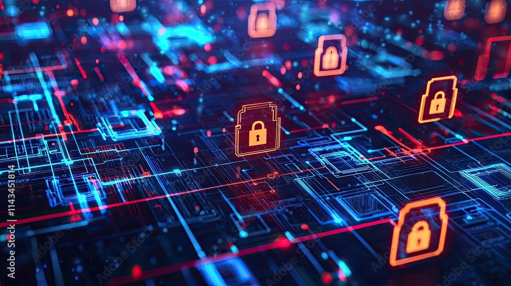Poster a digital landscape symbolizes various cybersecurity threats, illustrated with vibrant colors and ab