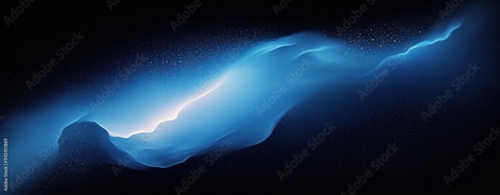 Poster deep blue abstract shape with smooth gradient in dark grainy black background for minimalist design