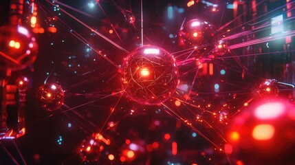 Obraz premium A detailed depiction of entangled particles represented by glowing orbs connected by vibrant beams of light in a futuristic setting.
