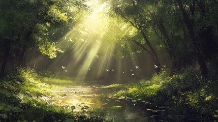 Obraz premium Sunbeams Through the Forest Canopy