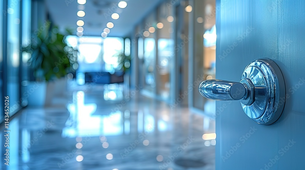 Poster door is open in a hallway with a shiny silver handle