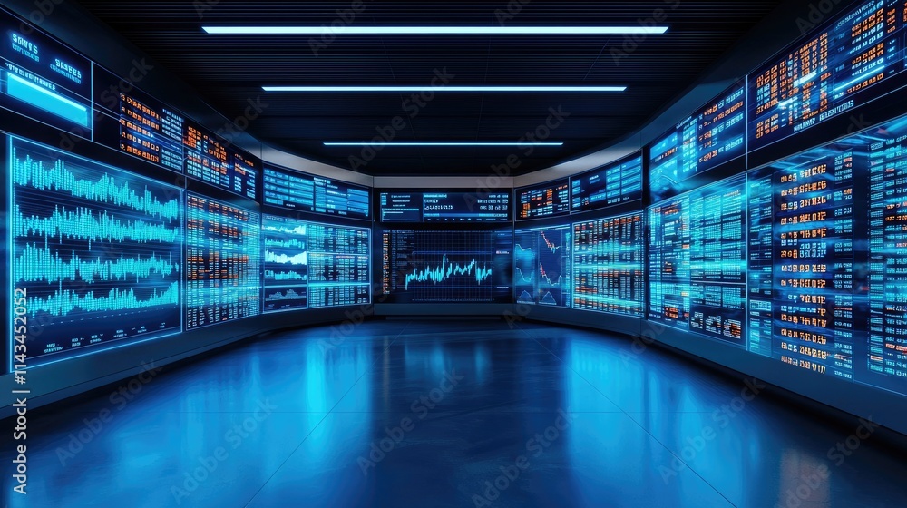 Aufkleber a futuristic room with large screens displaying real-time market data, and a calm atmosphere enhance