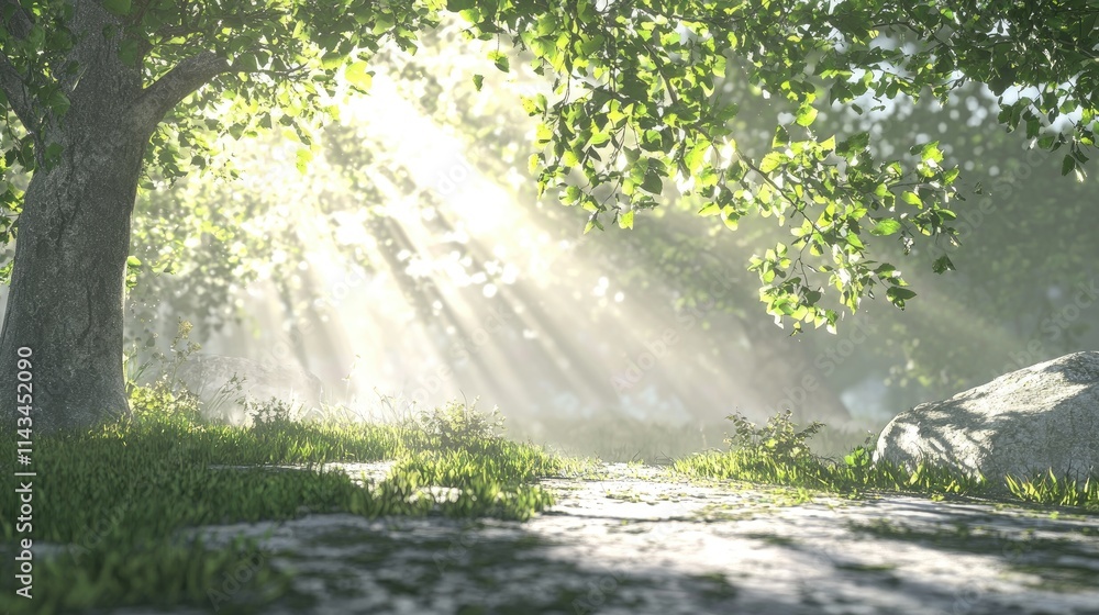 Poster a serene natural landscape contrasting classical physics with quantum theories, featuring light beam