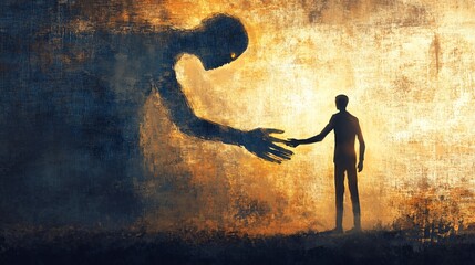 Conceptual image of a person shaking hands with devil in dark tunnel.