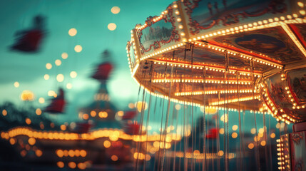 bright glowing carousel swing ride at night with lights and blurred motion in amusement park festival
