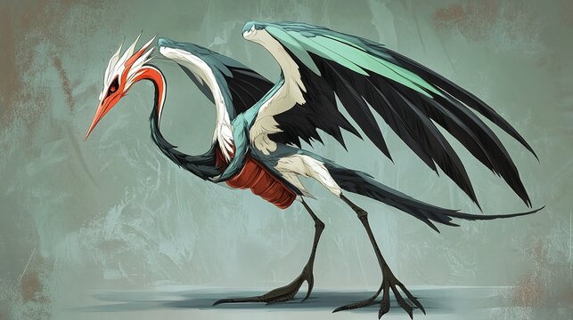 Stormingo, a crane-like creature with a water pouch on its chest, long legs, and a serpentine neck, capable of flying by flapping its massive wings. It can also create twisters by spinning, 