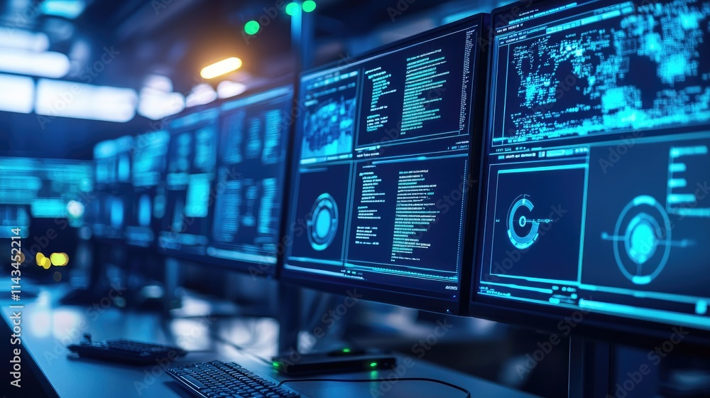 Poster a modern security operations center with multiple screens displaying real-time cyber threat alerts, 
