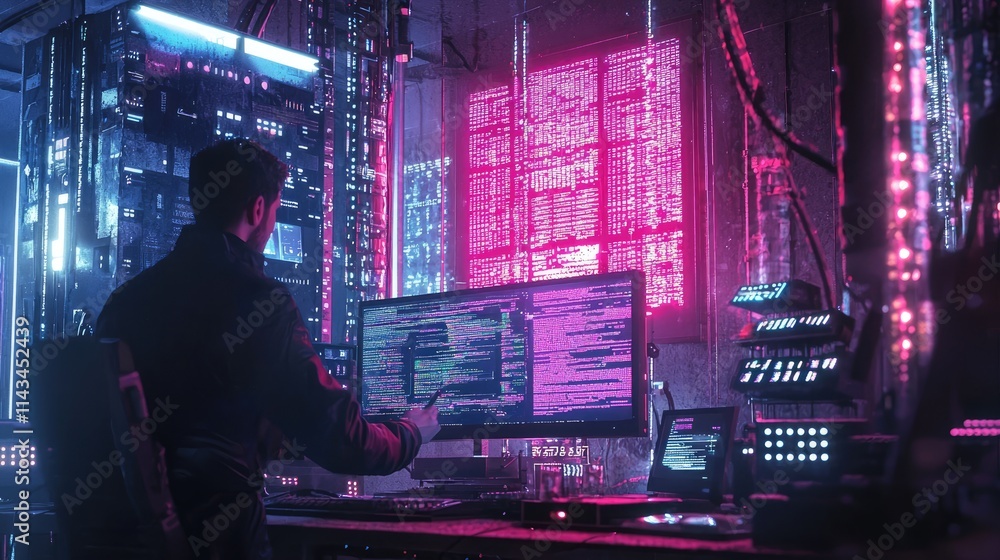 Poster a detailed scene of malware analysis in a high-tech lab, showcasing a researcher examining a compute
