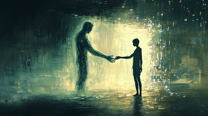 Fototapeta premium Conceptual image of a person shaking hands with devil in dark tunnel.