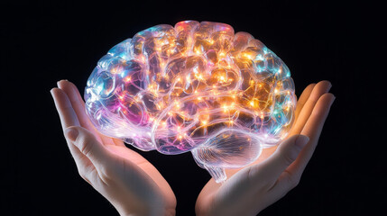 Illuminated brain model held securely in hands, symbolizing knowledge and creativity. vibrant colors and intricate details evoke sense of wonder and innovation