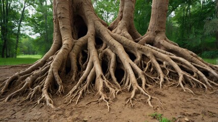 vulnerable nature background,Large tree roots exposed due to soil erosion

