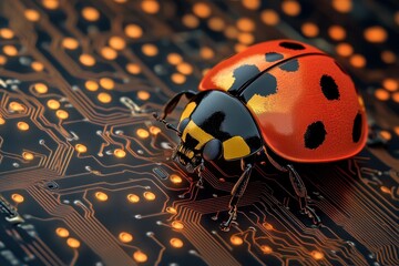 Fototapeta premium A ladybug on a circuit board, glowing orange. Illustrates software bugs, cybersecurity threats.