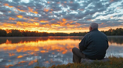 A contemplative senior individual sitting by a calm lakeside, reflecting on retirement goals while enjoying the colorful sunset.