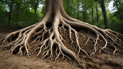 Fototapeta premium vulnerable nature background,Large tree roots exposed due to soil erosion
