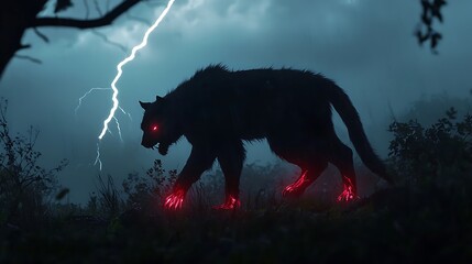 A large, furry, red wolf with glowing red eyes is walking through a dark forest