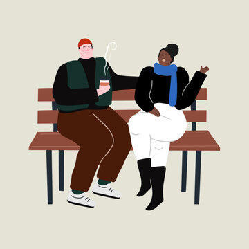 Two people talking on bench with coffee Vector Illustration 