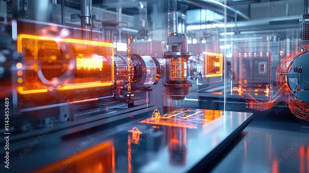 Poster a futuristic lab featuring advanced thermodynamic equipment, with glowing screens displaying simulat