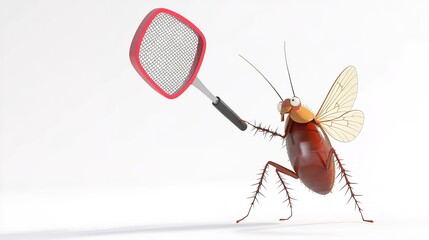 A fly swatter hitting a cockroach in a 3D cartoon style, set against a simple white background. A playful and dynamic depiction of pest control with exaggerated movements and vibrant design.