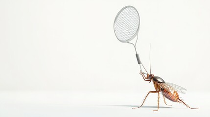 A fly swatter hitting a cockroach in a 3D cartoon style, set against a simple white background. A playful and dynamic depiction of pest control with exaggerated movements and vibrant design.