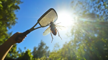 A fly swatter hitting a cockroach in a 3D cartoon style, set against a simple white background. A playful and dynamic depiction of pest control with exaggerated movements and vibrant design.