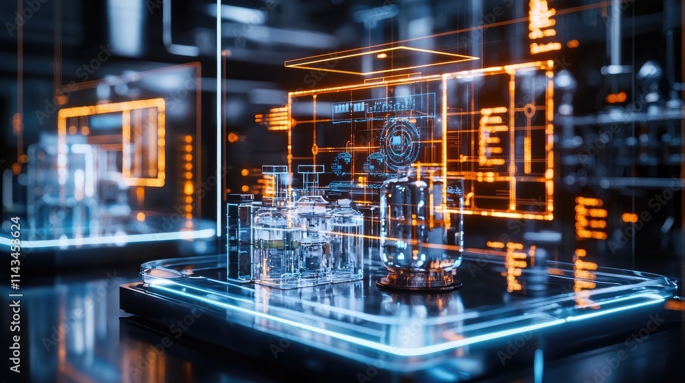 Poster a futuristic lab featuring advanced thermodynamic equipment, with glowing screens displaying simulat